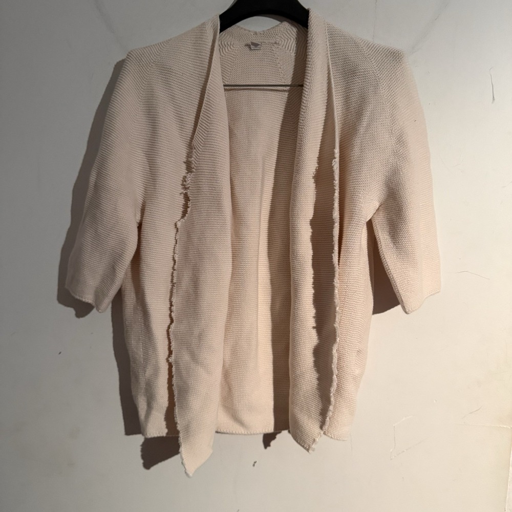 Uniqlo Large Open Front Cardigan Sweater Knit Raw Edge Fray Boho Cream